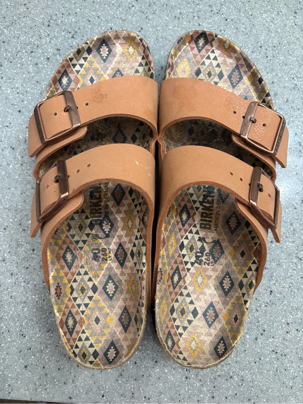 Birkenstock Tan Leather Double-Strap Sandals with Patterned Footbed